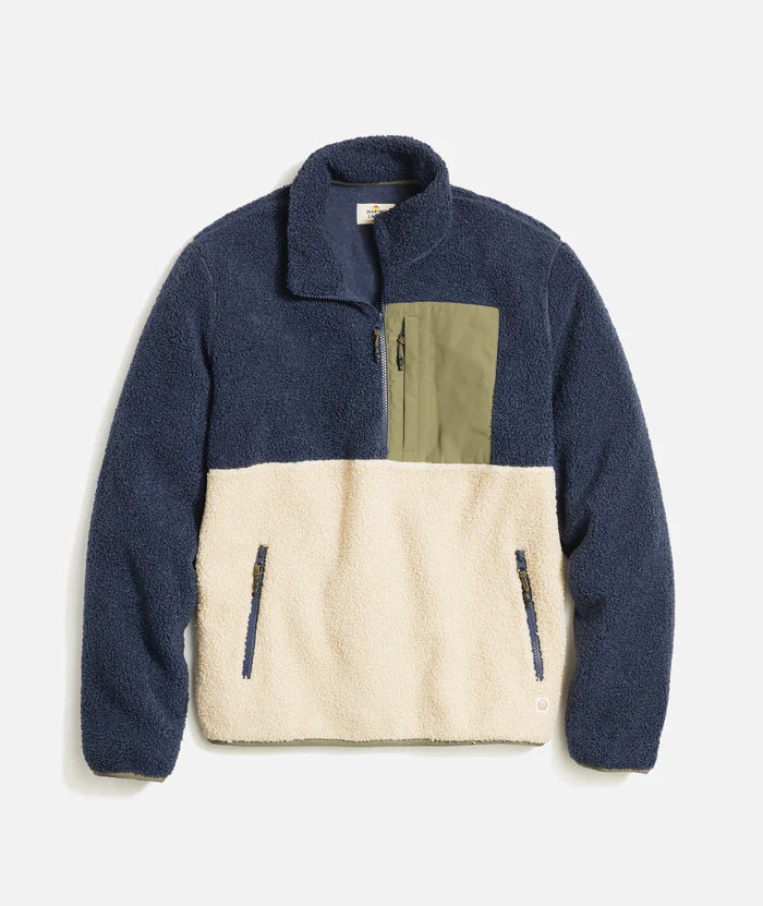 MARINE LAYER CAMDEN  SHERPA PULLOVER IN NVY/NAT